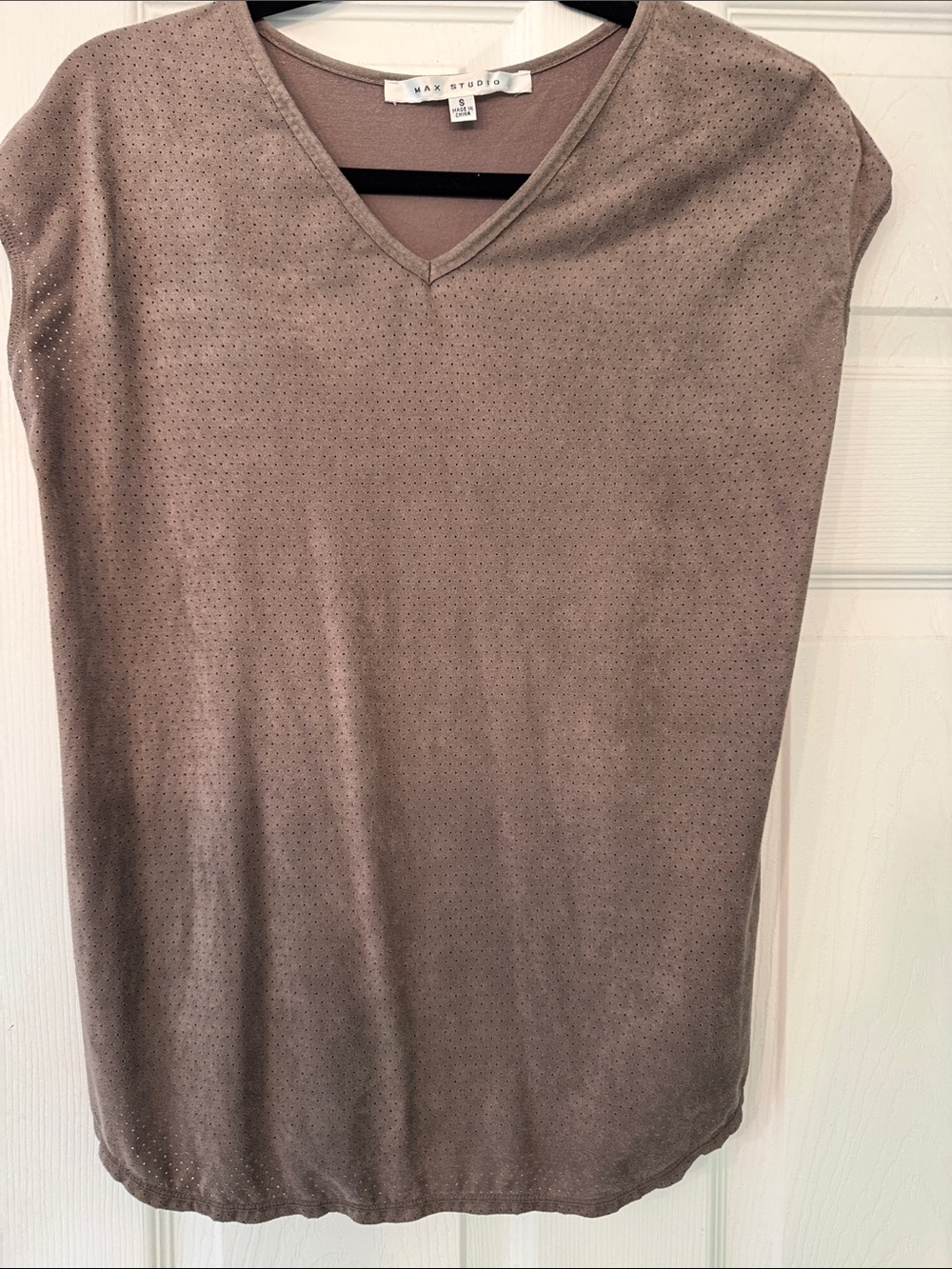 Max Studio Dusty Taupe Perforated V-Neck Top